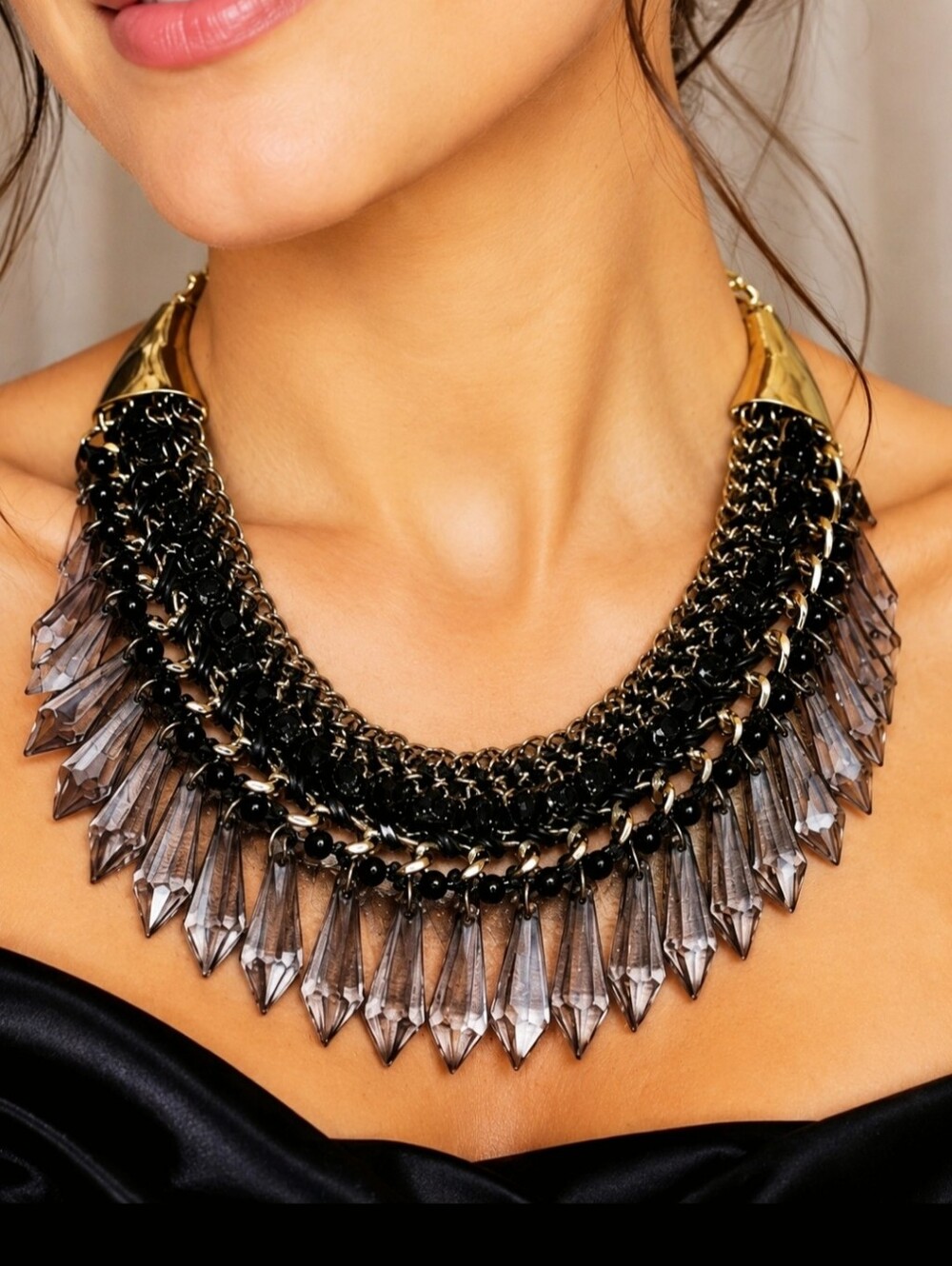 Smoke Acrylic Plastic Faceted Teardrop Black Prong Set Gold Rhinestone Necklace